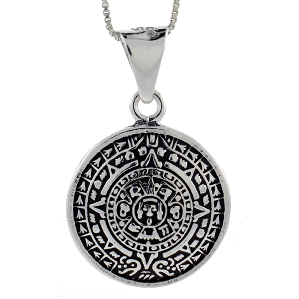 STERLING SILVER DOUBLE SIDED AZTEC CALENDAR PENDANT HANDMADE, 1 INCH (25 MM)