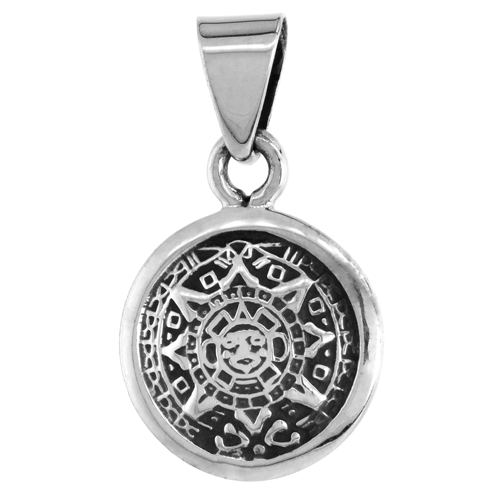 STERLING SILVER SMALL AZTEC CALENDAR PENDANT HANDMADE, 1/2 INCH (15 MM)