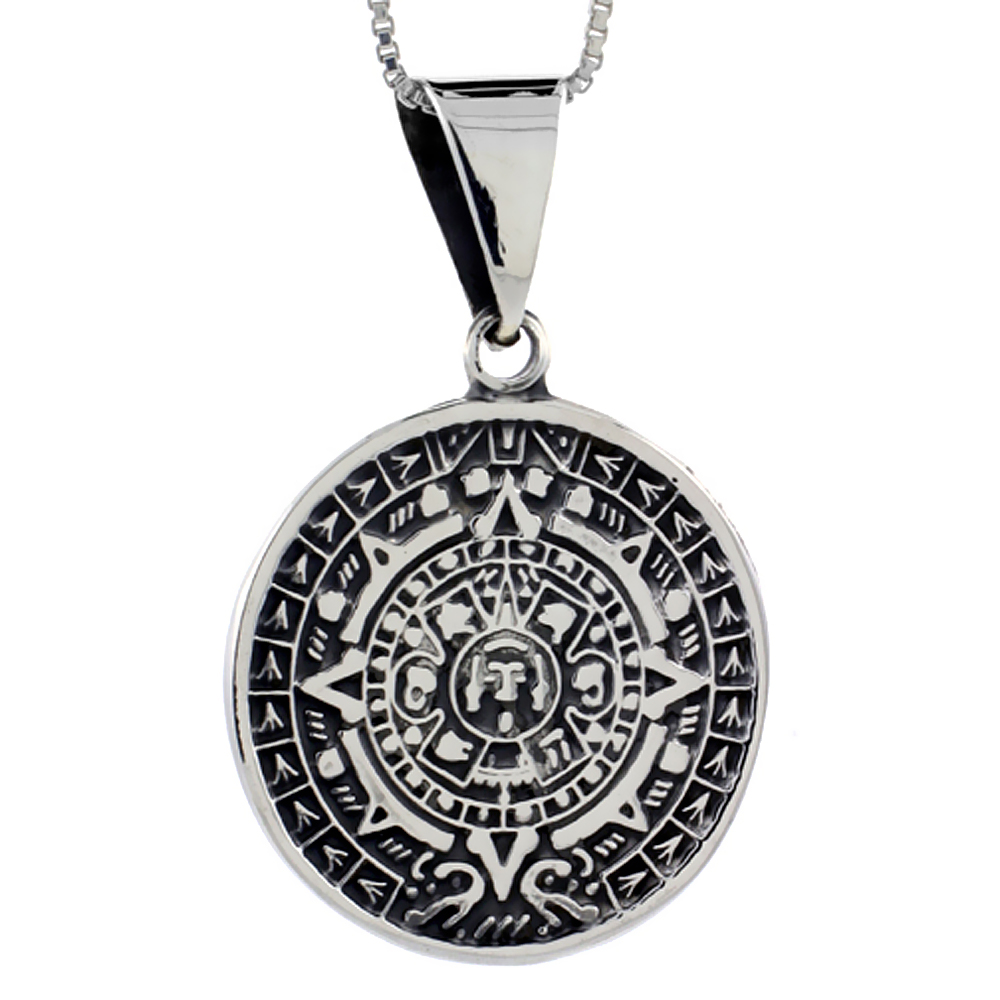 1 INCH STERLING SILVER AZTEC CALENDAR PENDANT FOR MEN AND WOMEN HANDMADE 25MM ROUND