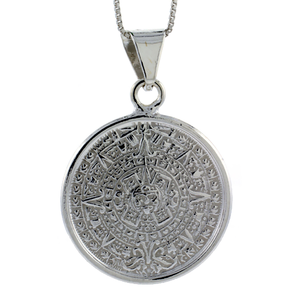 STERLING SILVER AZTEC CALENDAR PENDANT HANDMADE, 1 1/8 INCH (28 MM)