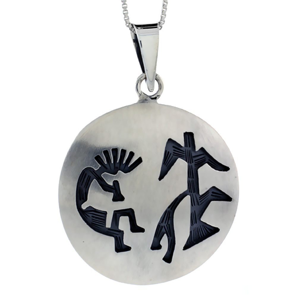STERLING SILVER LARGE ROUND KOKOPELLI PENDANT HANDMADE, (34X35 MM)