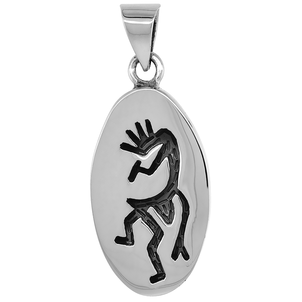 STERLING SILVER OVAL KOKOPELLI PENDANT HANDMADE, 1 9/16 INCH LONG