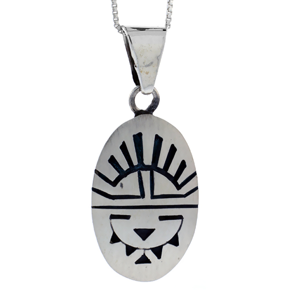 STERLING SILVER OVAL SUN FACE PENDANT HANDMADE, 1 1/8 INCH LONG