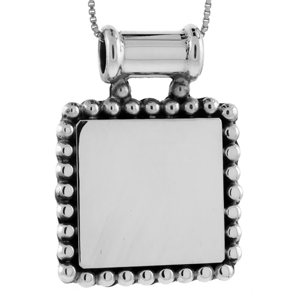 STERLING SILVER BEADED SQUARE DISC PENDANT ENGRAVABLE BEADED EDGE HANDMADE, 1 1/8 INCH LONG
