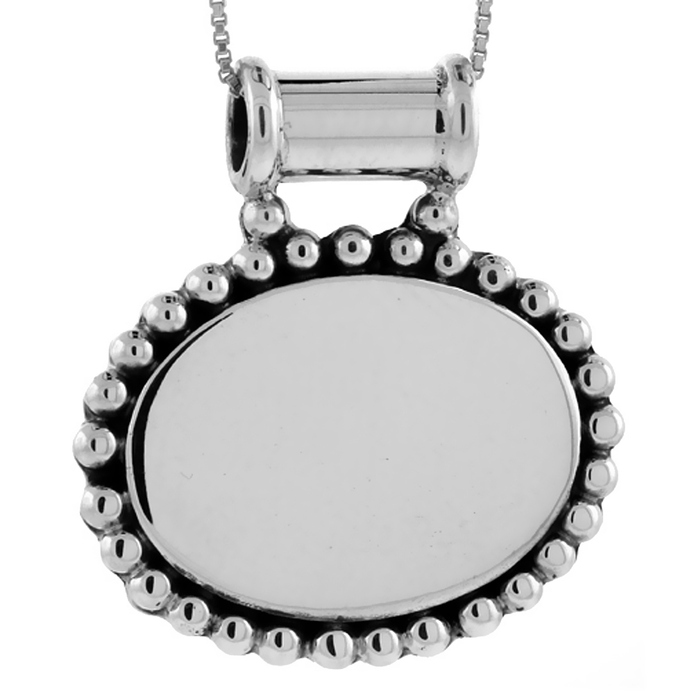 STERLING SILVER BEADED OVAL DISC PENDANT ENGRAVABLE BEADED EDGE HANDMADE, 1 INCH LONG
