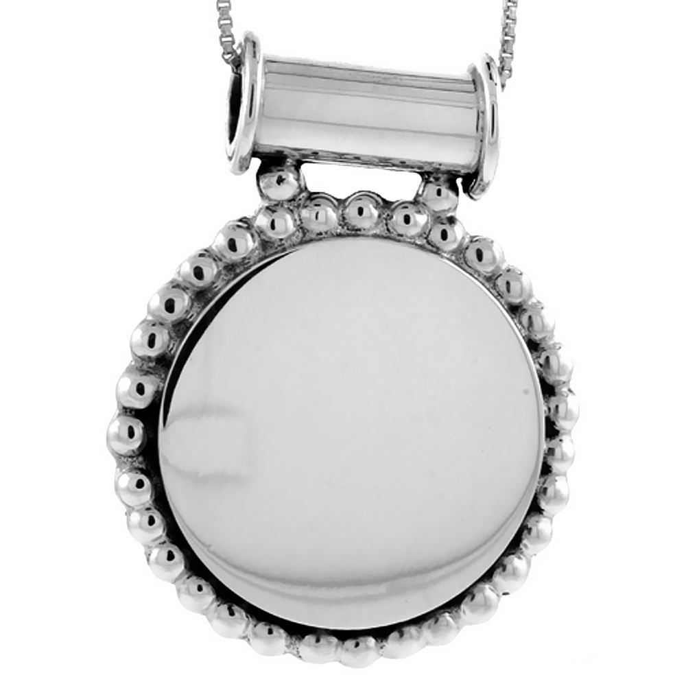 STERLING SILVER BEADED ROUND DISC PENDANT ENGRAVABLE BEADED EDGE HANDMADE, 1 5/16 INCH LONG