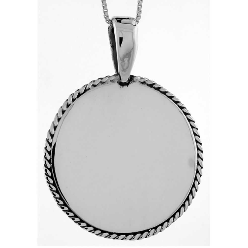 STERLING SILVER ROUND DISC PENDANT ENGRAVABLE ROPE EDGE HANDMADE, 1 3/16 INCH LONG