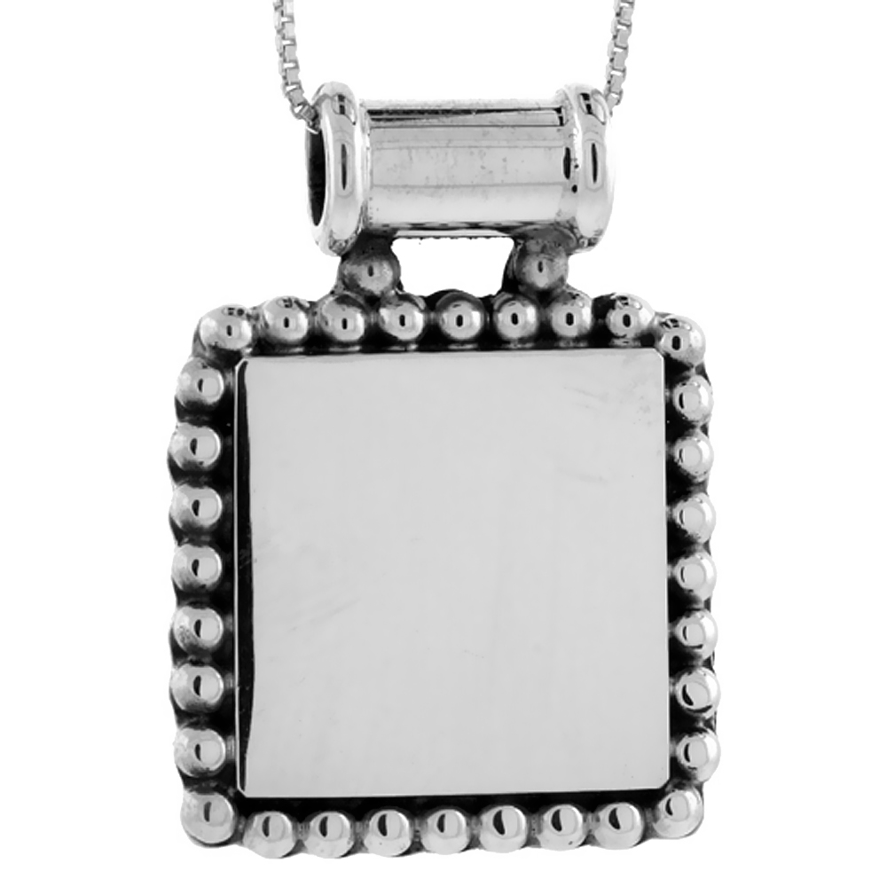 STERLING SILVER BEADED SQUARE DISC PENDANT ENGRAVABLE BEADED EDGE HANDMADE, 1 1/8 INCH LONG
