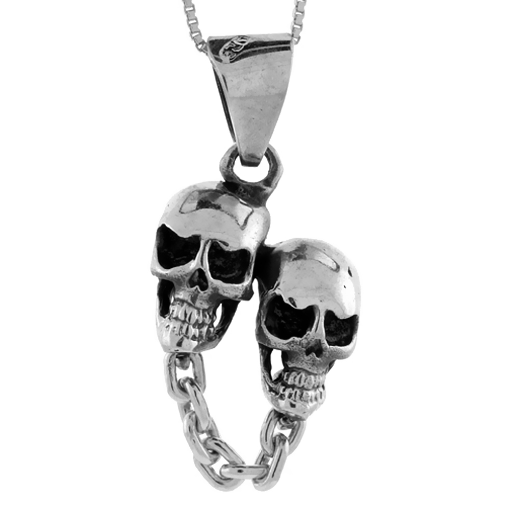 STERLING SILVER DOUBLE SKULL PENDANT HANDMADE, 1 1/8 INCH LONG