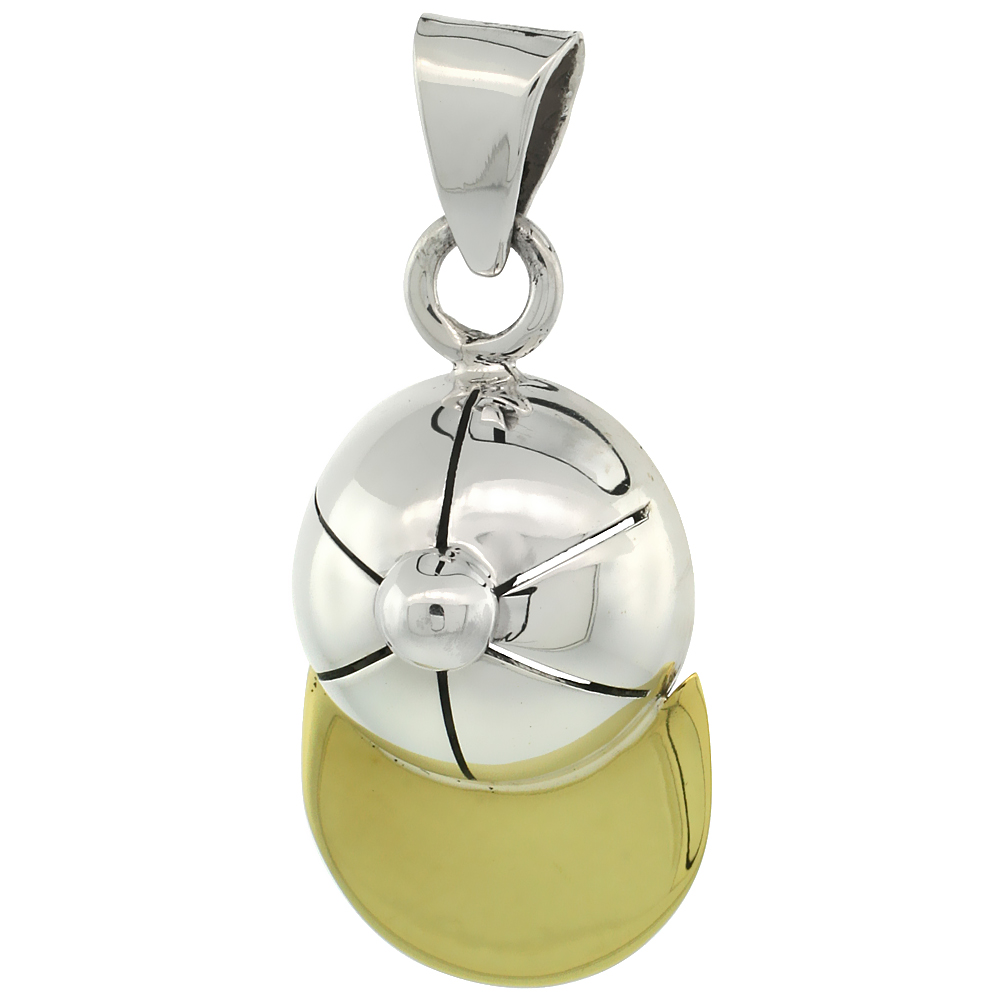 STERLING SILVER BASEBALL CAP PENDANT 2-TONE BRASS TRIM HANDMADE, 1 1/16 INCH LONG