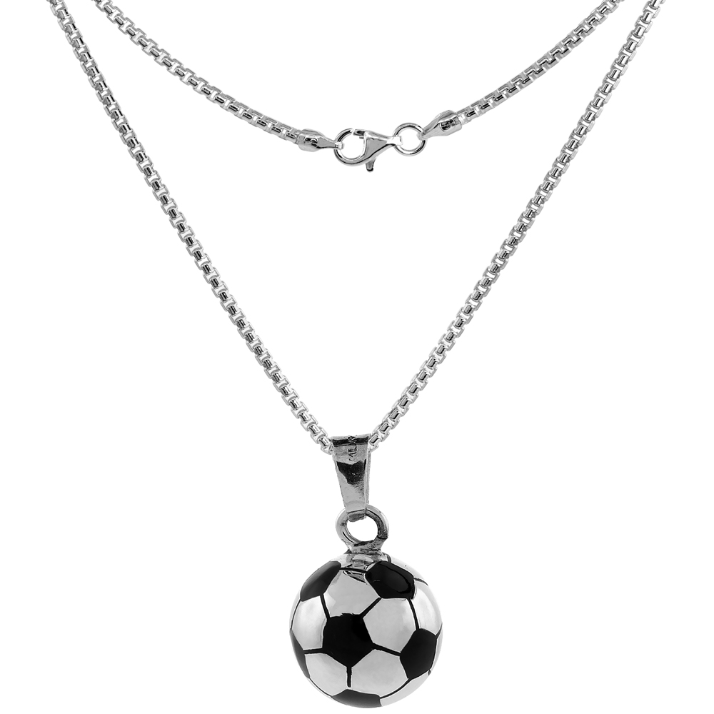 Sterling Silver Black Enameled Soccer Ball Necklace 3/4 inch Round Handmade 2mm Round Box
