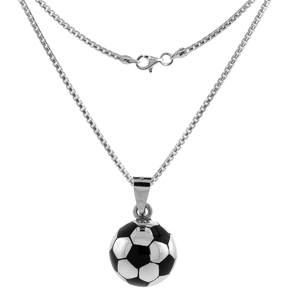 STERLING SILVER BLACK ENAMELED SOCCER BALL NECKLACE 1 INCH ROUND HANDMADE 2MM ROUND BOX