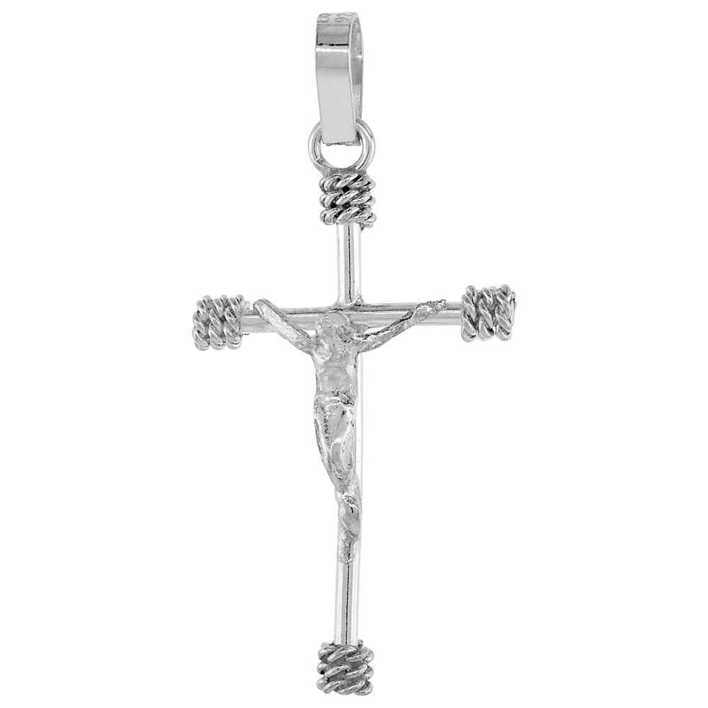 STERLING SILVER ROPE CROSS PENDANT HANDMADE, 1 3/8 INCH LONG