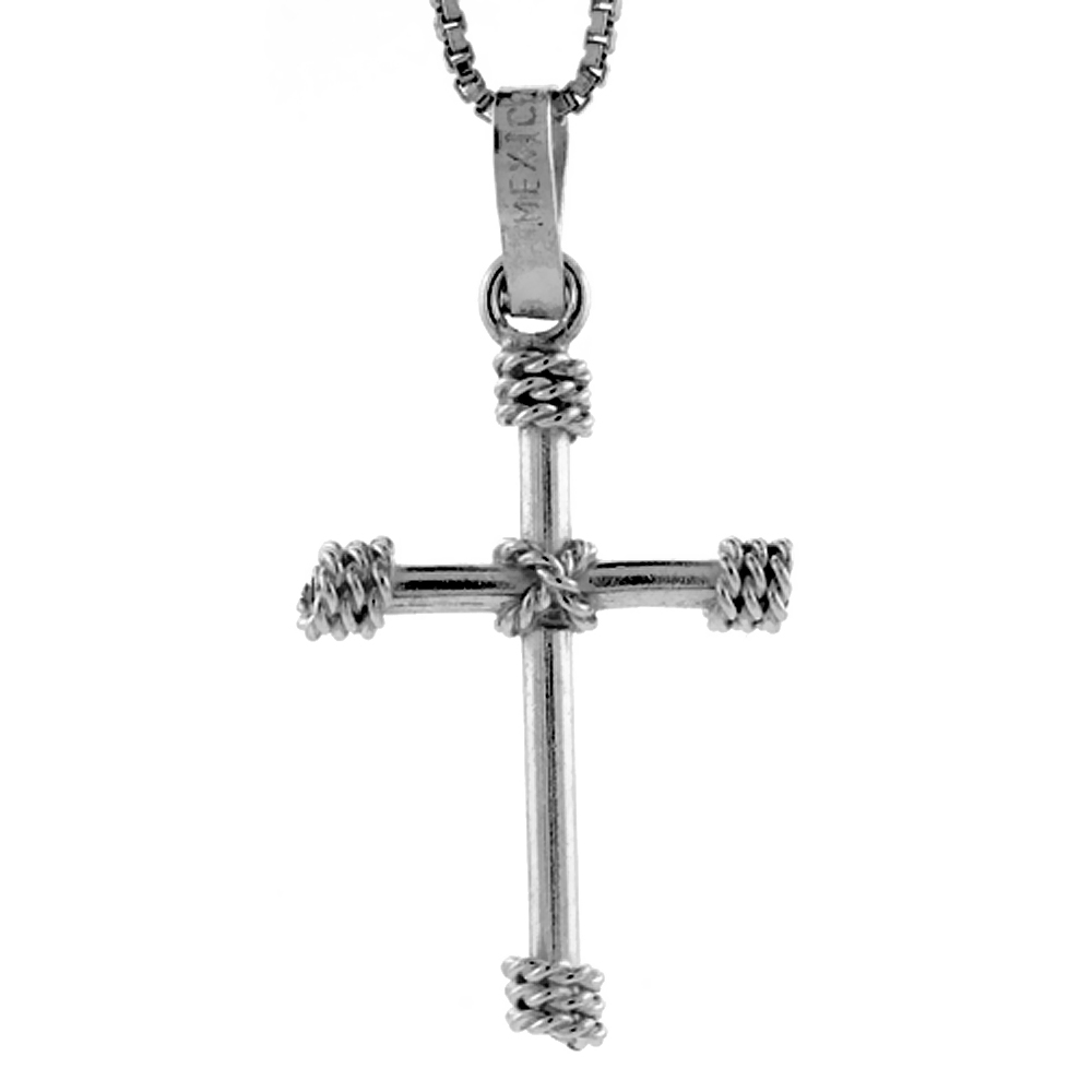 STERLING SILVER ROPE CROSS PENDANT HANDMADE, 1 1/4 INCH LONG