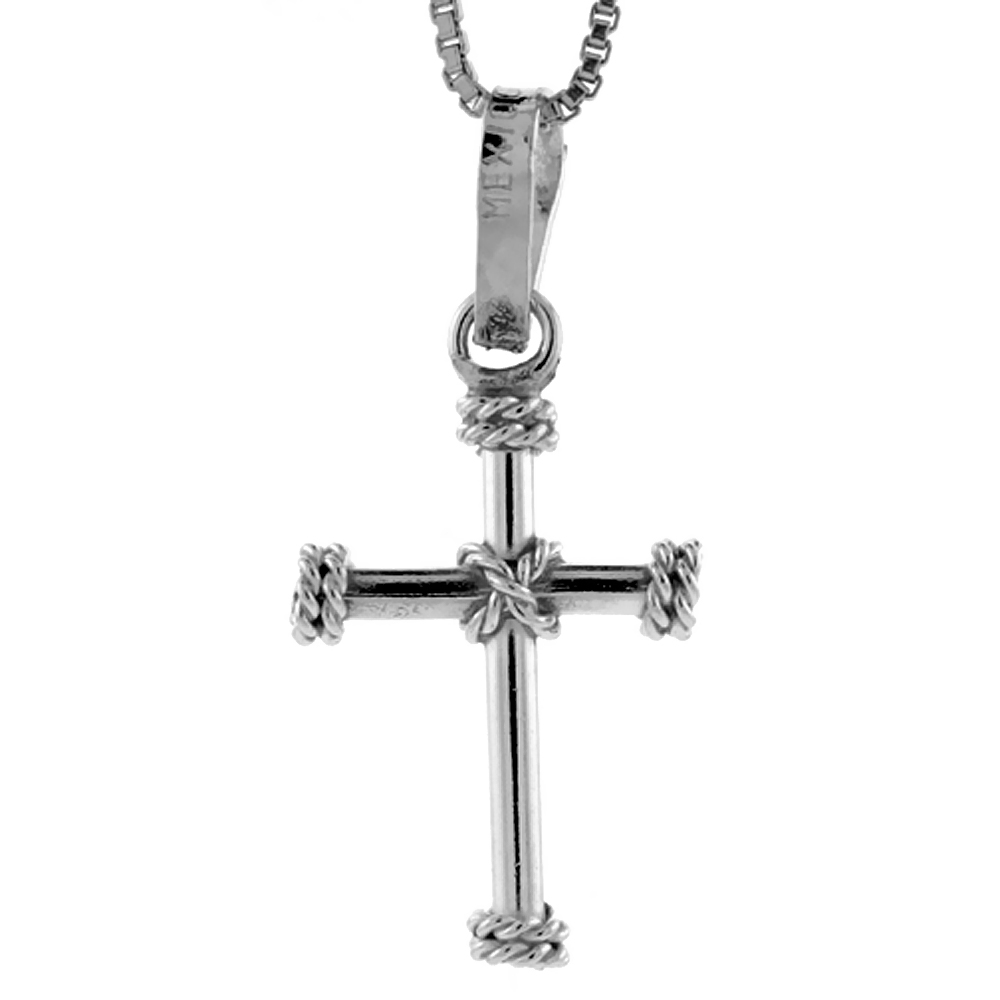 STERLING SILVER ROPE CROSS PENDANT HANDMADE, 7/8 INCH LONG
