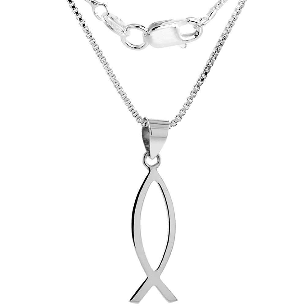 STERLING SILVER CHRISTIAN FISH PENDANT NECKLACE FOR WOMEN ICHTHYS 1 1/2 INCH TALL HANDMADE 1MM BOX CHAIN