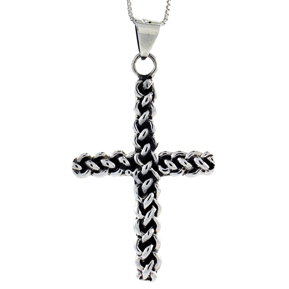 STERLING SILVER BRAIDED CROSS PENDANT HANDMADE, 2 INCH LONG