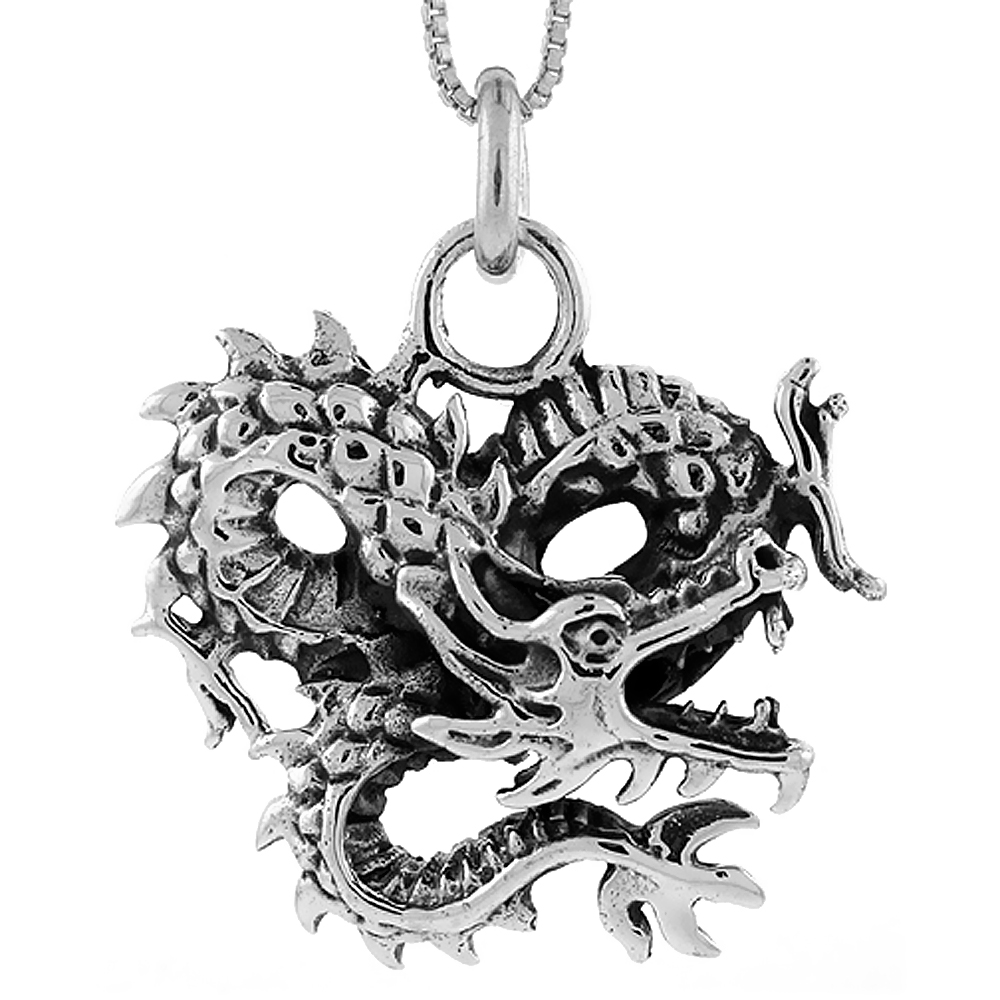 STERLING SILVER CHINESE DRAGON PENDANT HANDMADE, 1 1/8 INCH LONG