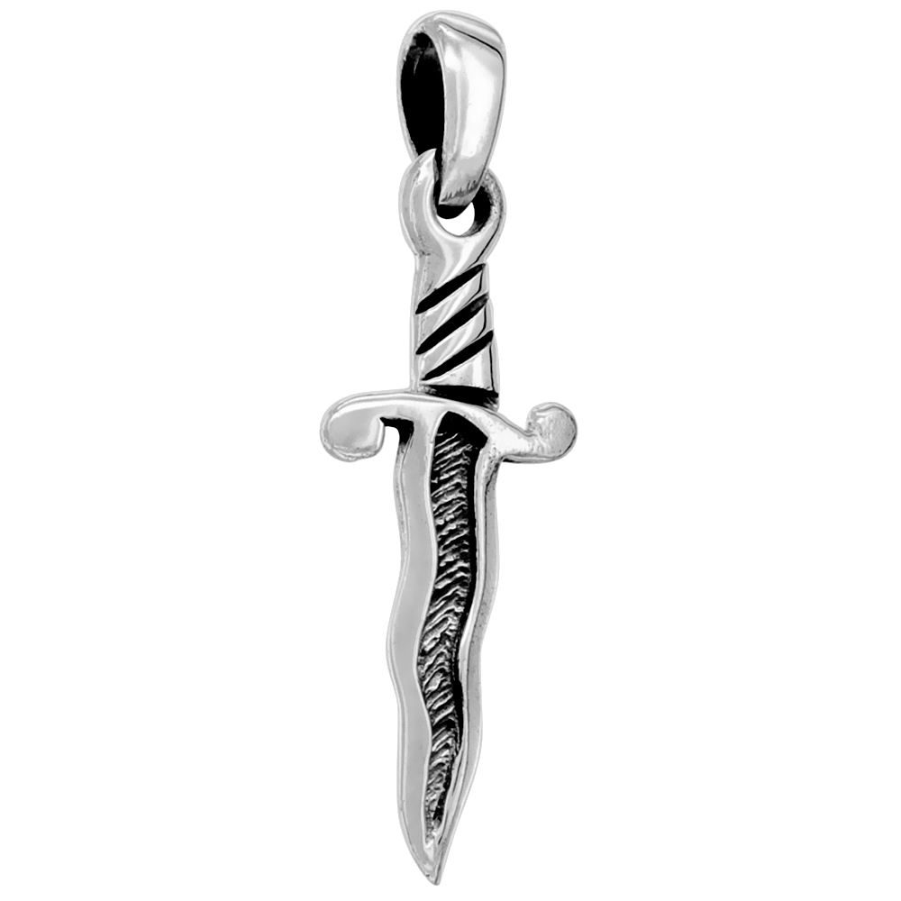 STERLING SILVER WAVY BLADE DAGGER PENDANT HANDMADE 1 1/8 INCH (29MM) TALL