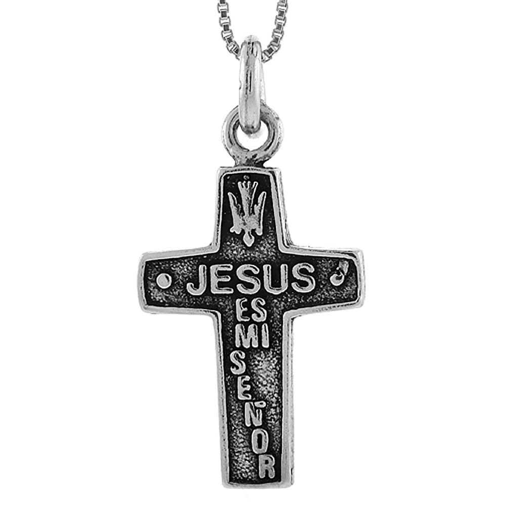 STERLING SILVER JESUS ES MI SENOR CROSS PENDANT HANDMADE, 1 1/4 INCH LONG