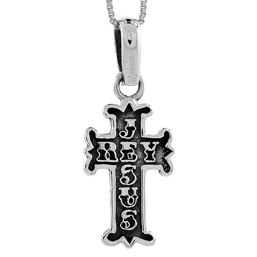 STERLING SILVER JESUS FLEURY CROSS PENDANT HANDMADE, 1 1/8 INCH LONG