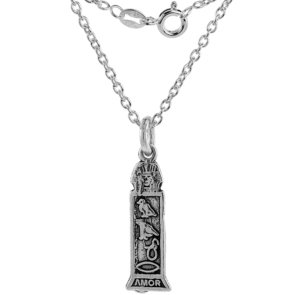 STERLING SILVER EGYPTIAN HIEROGLYPHICS CARTOUCHE AMOR NECKLACE HANDMADE 1 1/4 INCH TALL 2MM CABLE CHAIN