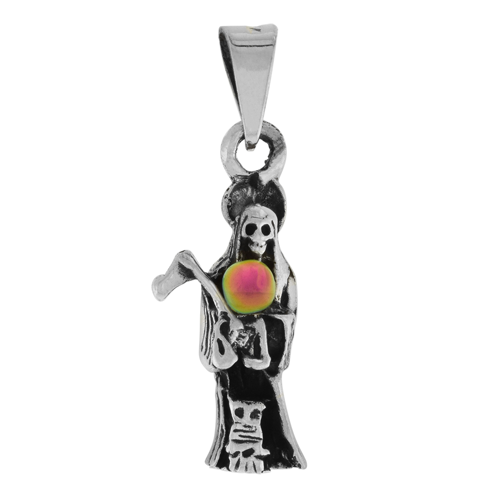 Sterling Silver Santa Muerte Pendant Crystal Ball Small, 1 1/4 inch long