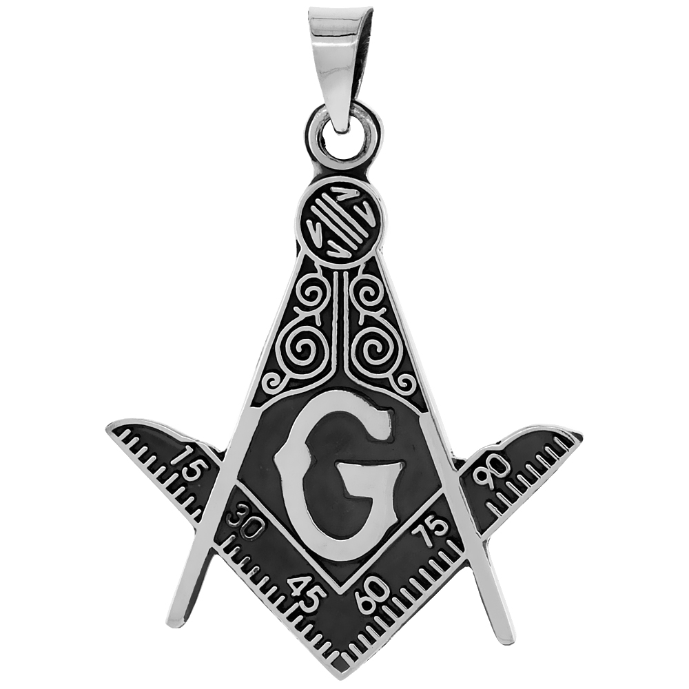 Sterling Silver Masonic Symbol Square &amp; Compass Pendant Handmade, 49mm long