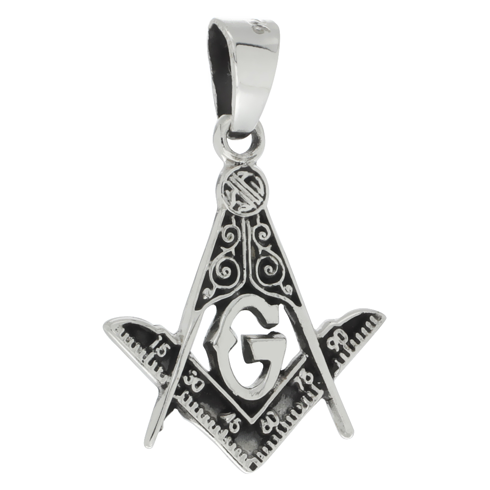 STERLING SILVER MASONIC SYMBOL SQUARE & COMPASS PENDANT HANDMADE 1 1/8 INCH (28MM) TALL