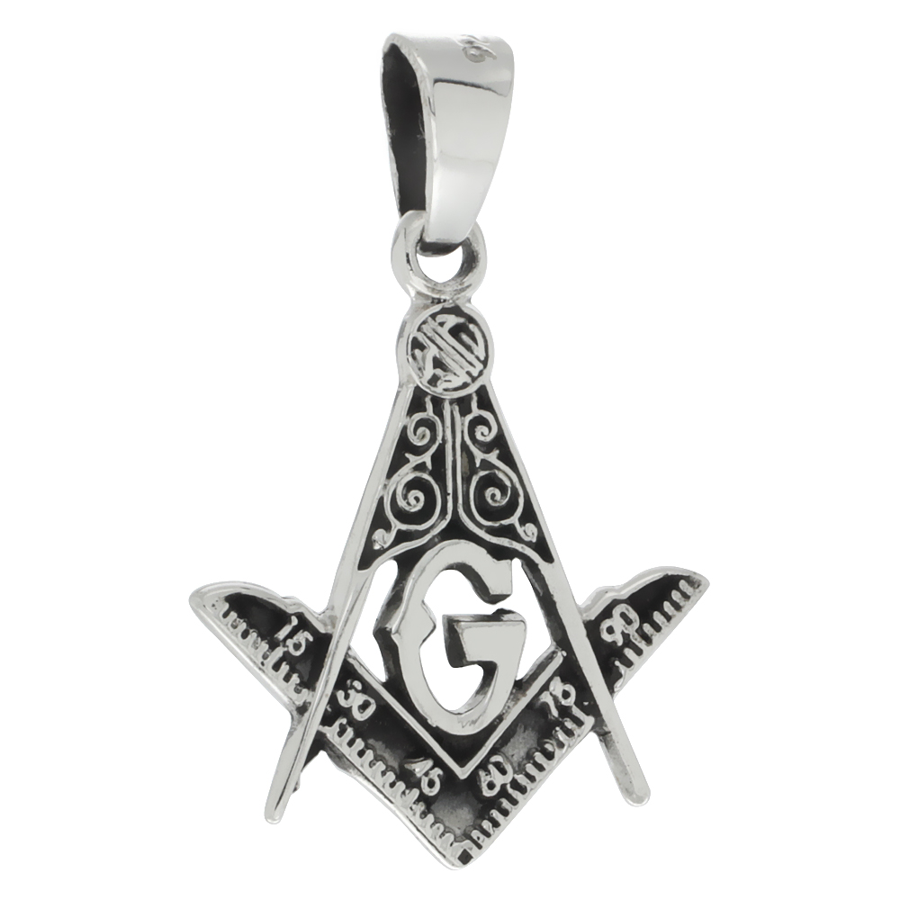 Sterling Silver Masonic Symbol Square & Compass Pendant Handmade 1 1/8 inch (28mm) tall