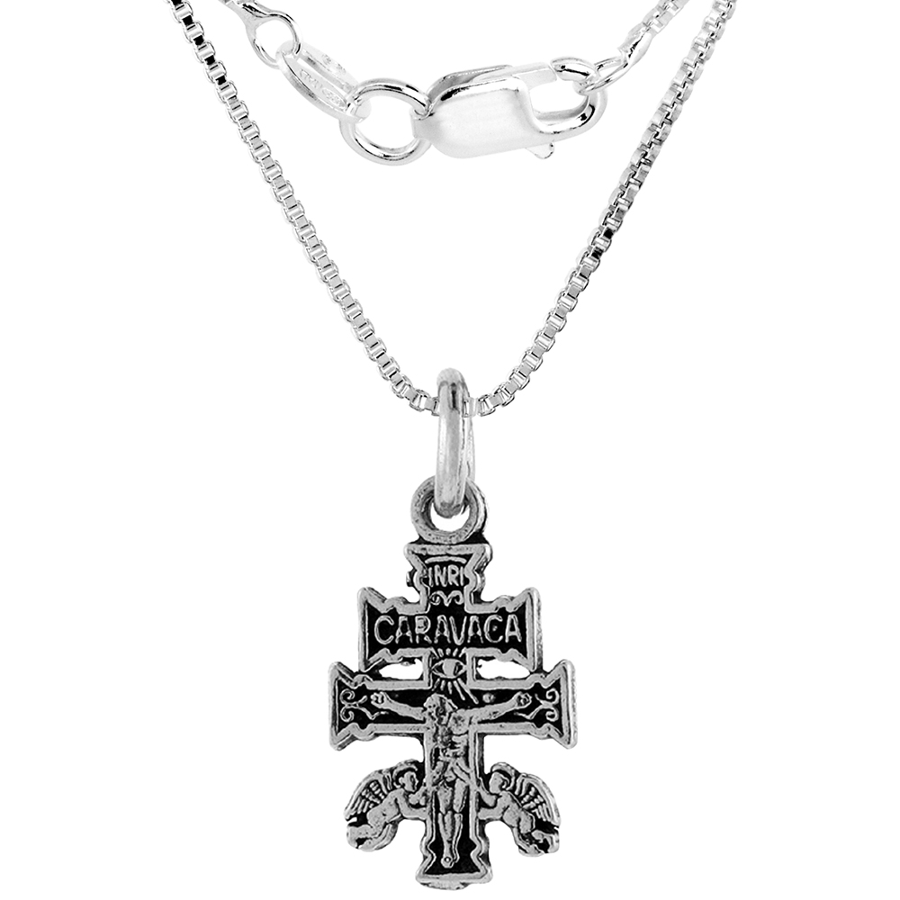 STERLING SILVER CARAVACA CROSS NECKLACE HANDMADE 1 INCH TALL 1MM BOX CHAIN