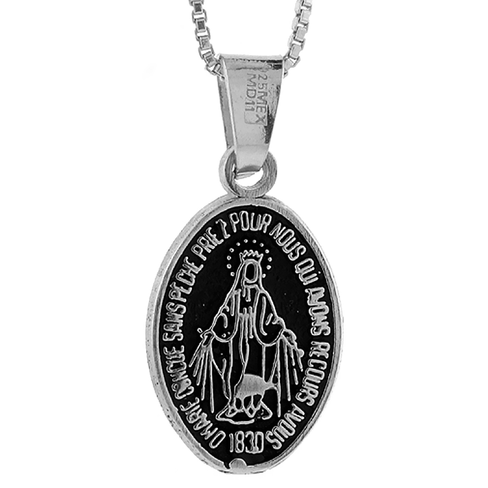 STERLING SILVER VIRGIN MARY SPANISH MIRACULOUS MEDAL PENDANT OVAL 7/8 INCH TALL, NO CHAIN INCLUDED