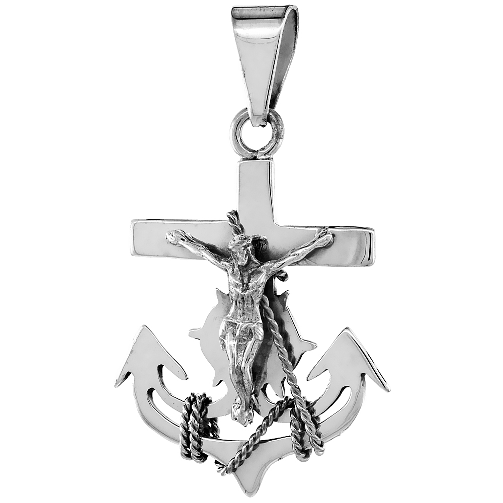 STERLING SILVER MARINER'S CROSS ANCHOR PENDANT HANDMADE, 2 1/8 INCH LONG