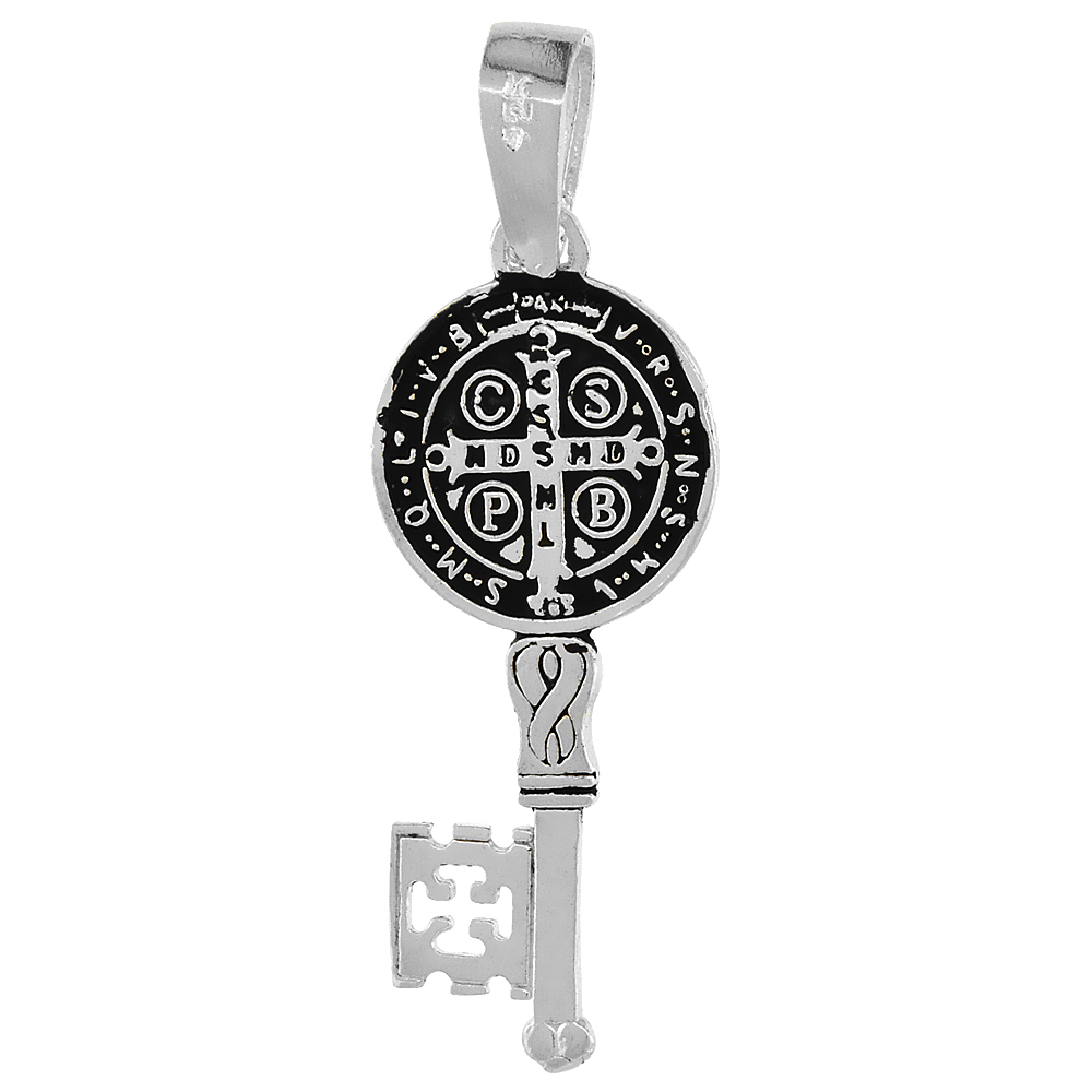 STERLING SILVER SAINT BENEDICT MEDAL KEY MEDAL HANDMADE 1 1/16 INCH (27MM) TALL