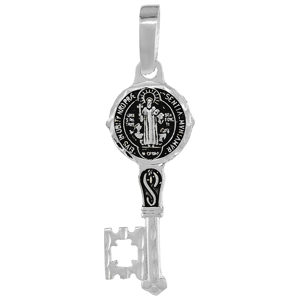 STERLING SILVER SAINT BENEDICT MEDAL KEY MEDAL HANDMADE 1 5/8 INCH (41MM) TALL