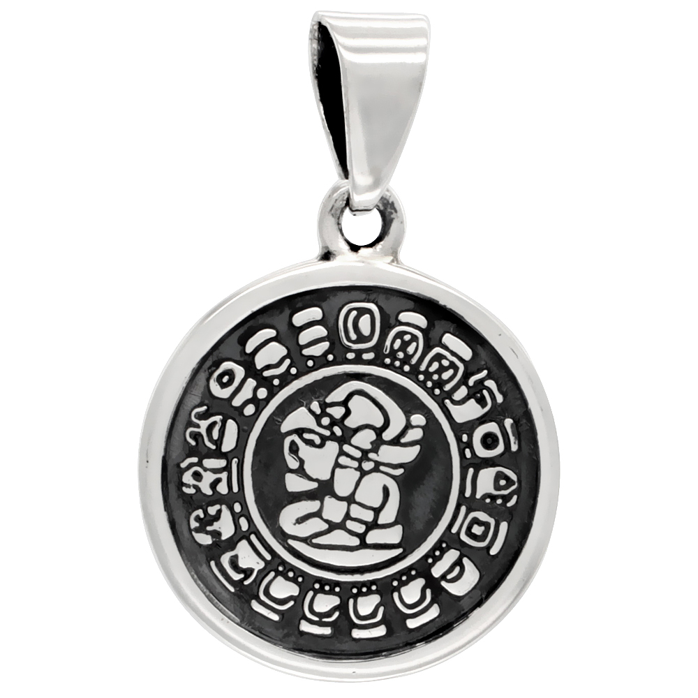 STERLING SILVER MAYA HAAB CALENDAR PENDANT CONVEX HANDMADE 7/8 INCH ROUND , NO CHAIN INCLUDED