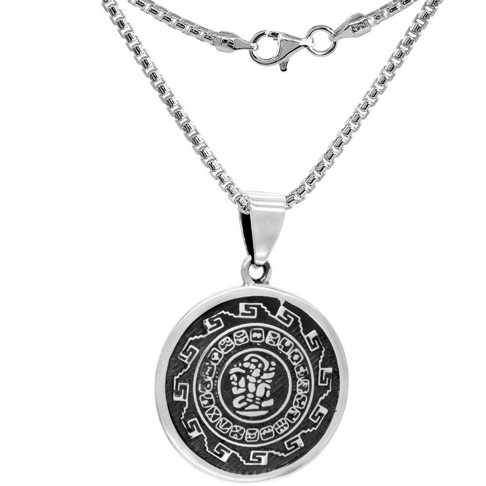 STERLING SILVER MAYA CALENDAR SIGNS OF THE TZOLK'IN RITUAL CYCLE CONVEX HANDMADE 1 INCH ROUND 2MM ROUND BOX