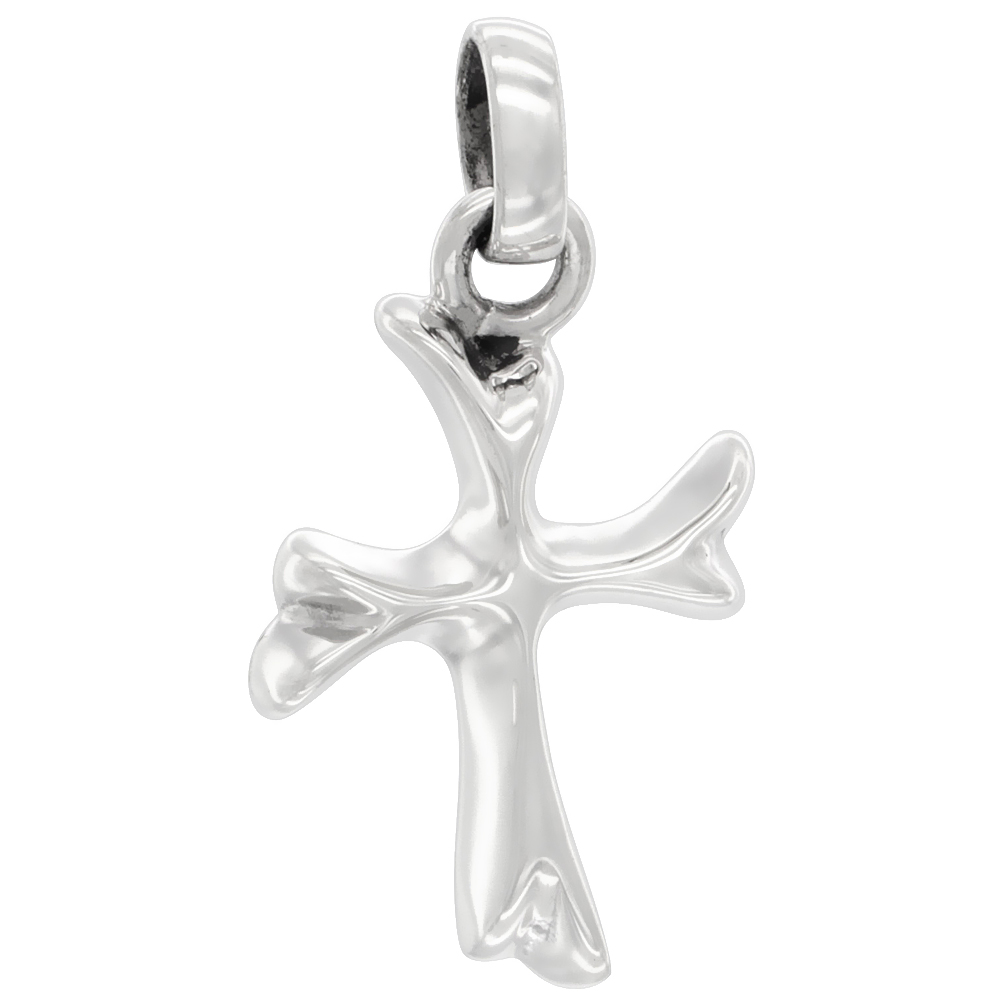 Sterling Silver Curved Budded Cross Pendant Solid Back Handmade 1 1/4 inch , NO Chain Included