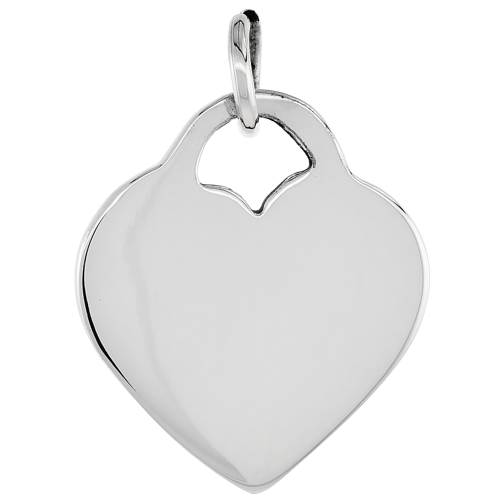STERLING SILVER FLAT HEART PENDANT HANDMADE 1 INCH WIDE