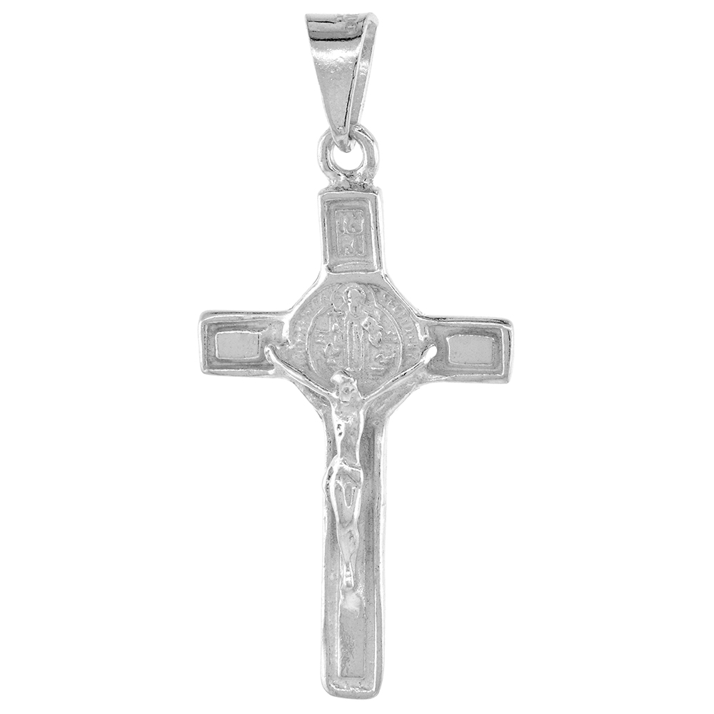 1 inch Sterling Silver St Benedict Crucifix Pendant for Women and Men Solid High Polished NO Chain Included