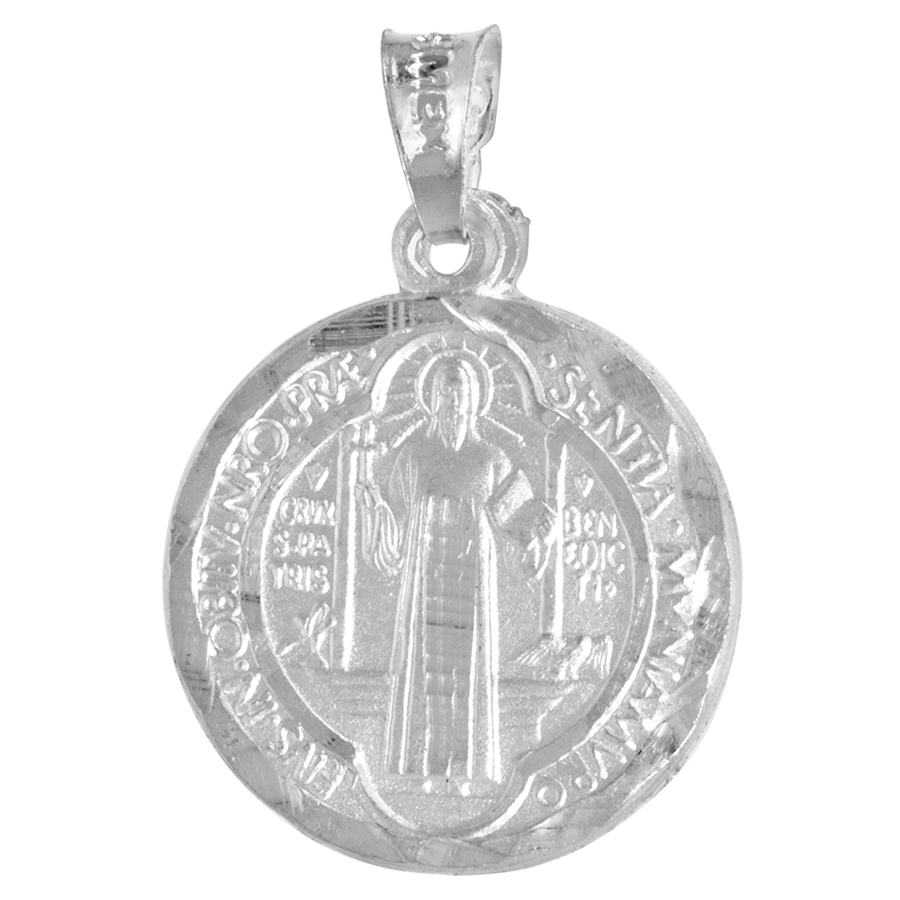 STERLING SILVER SAINT BENEDICT MEDAL PENDANT ROUND 3/4 INCH