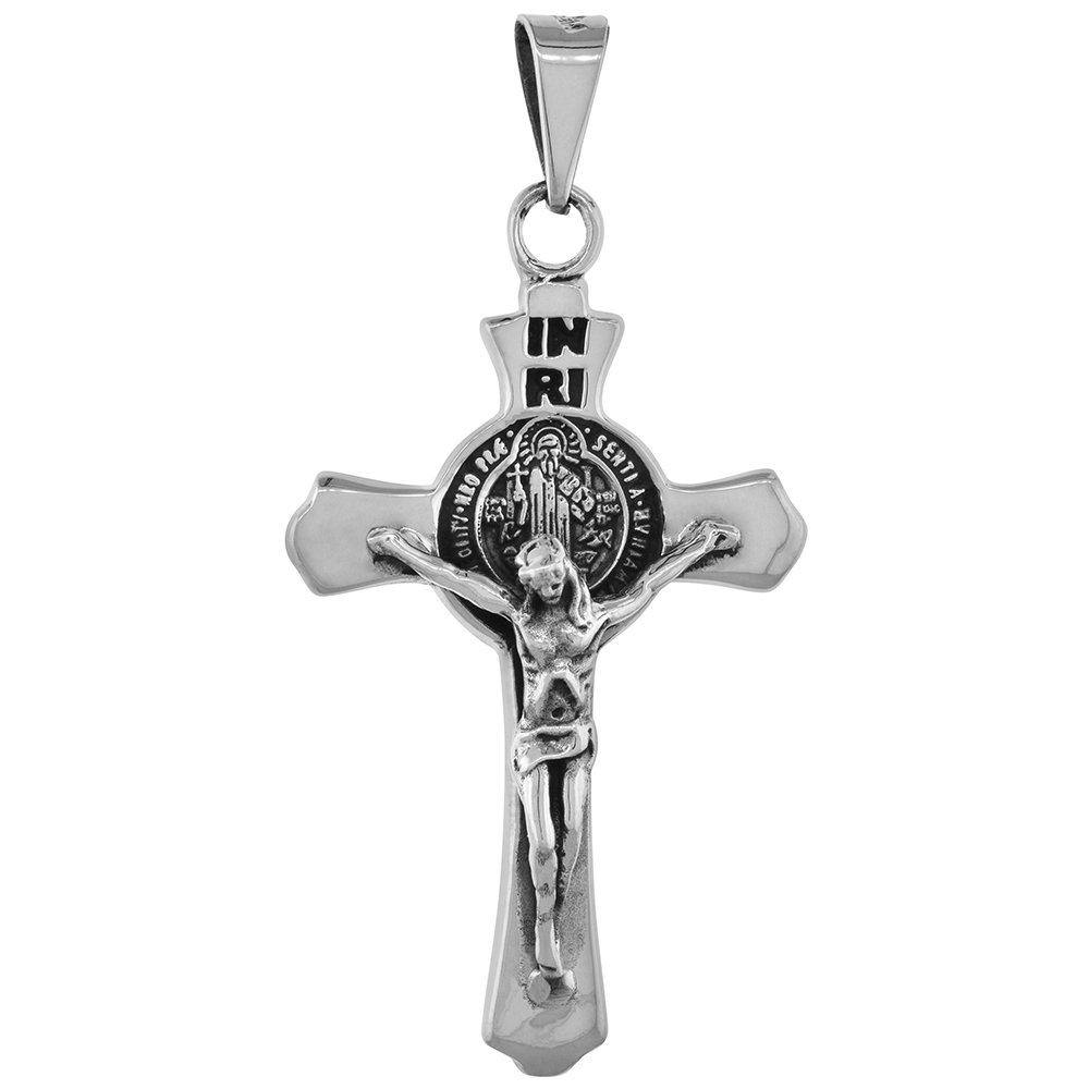 Large 2 inch Sterling Silver Budded Cross St Benedict Crucifix Pendant for Men NO Chain Included