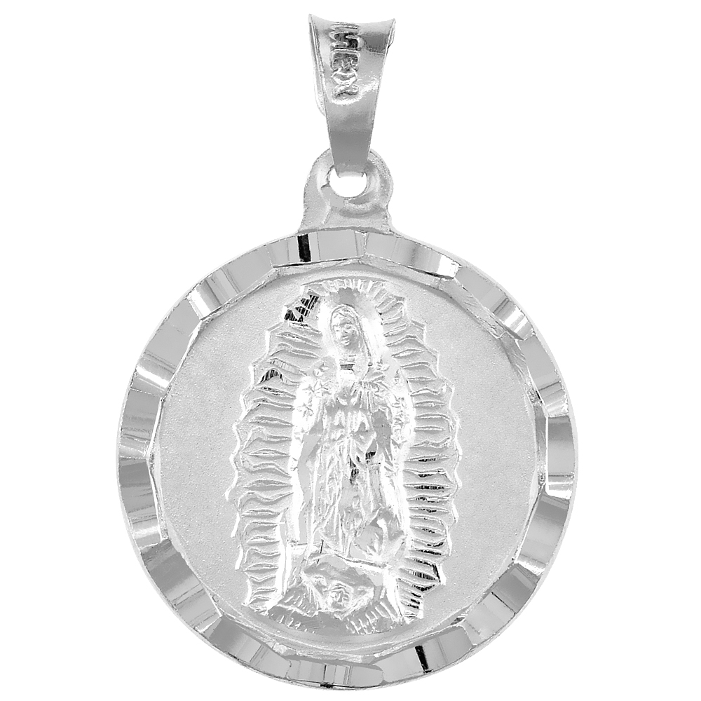 STERLING SILVER ST GUADALUPE & SACRED HEART OF JESUS PENDANT DOUBLE SIDED MEDAL 3/4 INCH ROUND DIAMOND CUT RIM NO CHAIN INCLUDED