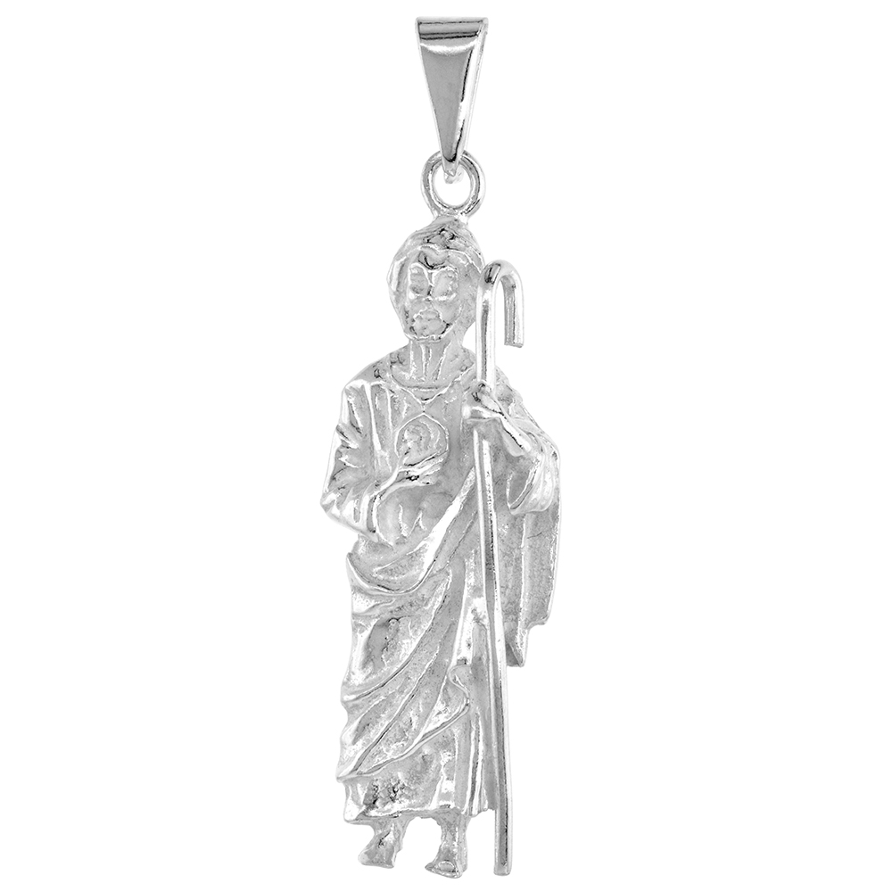 STERLING SILVER ST JUDE THADDEUS PENDANT FOR MEN AND WOMEN LARGE HIGH POLISHED 1 3/4 INCH TALL NO CHAIN INCLUDED