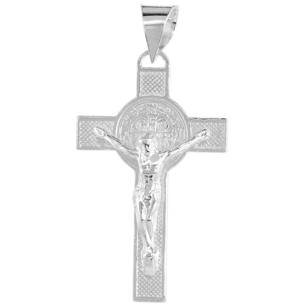 1.5 INCH STERLING SILVER ST BENEDICT CRUCIFIX PENDANT FOR MEN AND WOMEN HIGH POLISHED NO CHAIN INCLUDED