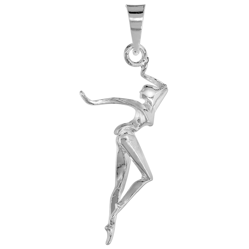 DELICATE STERLING SILVER NUDE BALLERINA DANCER PENDANT FOR WOMEN MOVABLE LEGS HIGH POLISHED 1 1/2 INCH TALL NO CHAIN