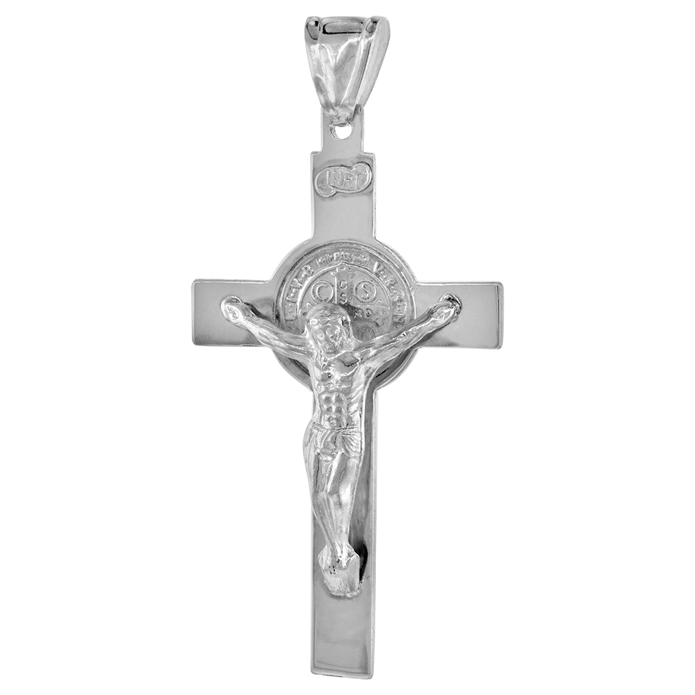 LARGE 3 INCH STERLING SILVER ST BENEDICT CRUCIFIX PENDANT FOR MEN AND WOMEN HIGH POLISHED NO CHAIN INCLUDED (NO CHAIN)