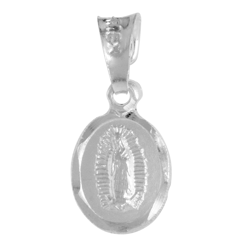 VERY TINY 3/8 INCH STERLING SILVER DOUBLE SIDED GUADALUPE & SACRED HEART MEDAL PENDANT OVAL