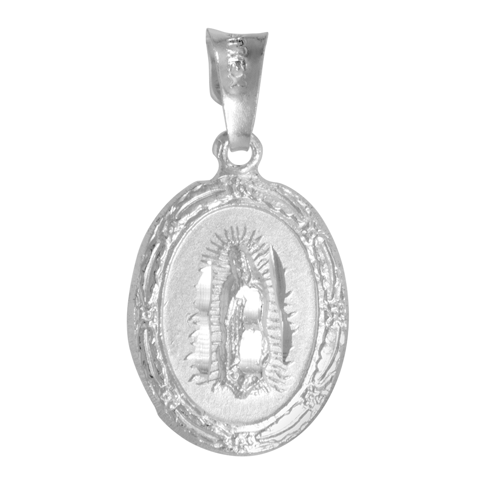 3/4 INCH STERLING SILVER SACRED HEART & SAN GUADALUPE DOUBLE SIDED MEDAL PENDANT OVAL