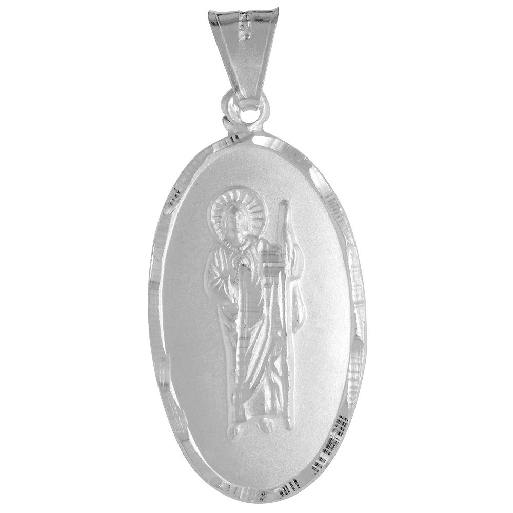 1 1/8 INCH STERLING SILVER ST JUDE THADDEUS MEDAL PENDANT ORACION SANTO APOSTOL SAN JUDAS PRAYER OVAL